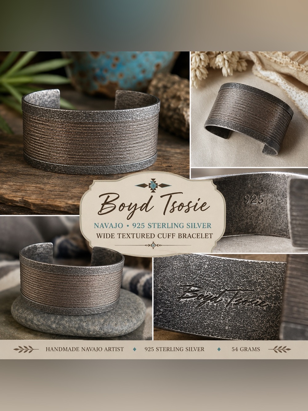 Signed Boyd Tsosie Navajo Wide Textured Sterling Silver Cuff Bracelet